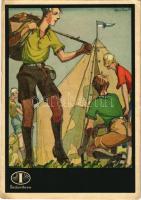 1933 Indanthren textilfesték reklámlap cserkészekkel, mosás és időjárásálló viselet / Indanthren textile paint advertisement card, boy scouts. artist signed (EK)