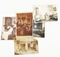 cca 1920-1940 Régi lakásbelsők, 5 db fotó, sérülésekkel, 11×8 és 8×6 cm