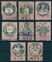 1881 I vj. az okmánybélyeg sor 8db klf Forintos értéke stecklapon