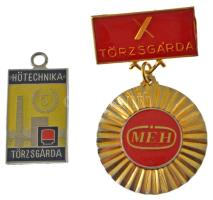 ~1970. "MÉH Törzsgárda" aranyozott, műgyantás jelvény (48x30mm) + "Hőtechnika - 5 - Törzsgárda" műgyantás fém medál (26x17mm) T:XF