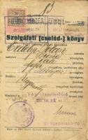 1914 Szolgálati cselédkönyv 20F felülbélyegzős bélyeggel