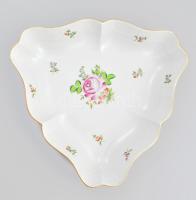 Herendi virág mintás porcelán háromszögű kínáló tál. Kézzel festett, jelzett, apró kopásokkal 26 cm + Kis tálka 10x8 cm