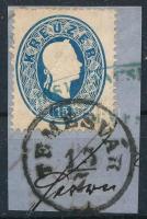 15kr kivágáson "TEMESVÁR" + kék cégbélyegzős előérvénytelenítés, 15kr on cutting "TEMESVÁR" + precanceled with blue business postmark