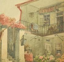 August Stefan Kronstein (1850-1921): Bérház udvar. Akvarell, papír. Üvegezett, kissé sérült keretben...