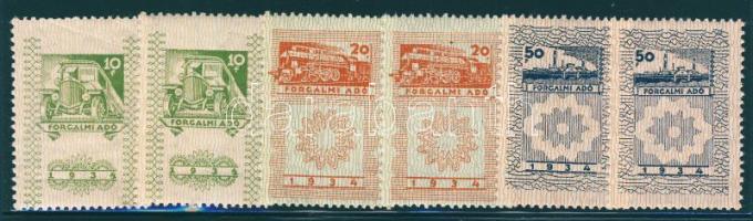 1934 nov. 1 forgalmi illetékbélyegek 6db (3x2) érték postatiszták, eredeti gumizással, stecklapon
