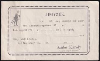cca 1920 Nagytétény, Szabó Károly kéményseprő-mester kitöltetlen jegyzék