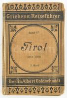 Tirol. Praktisches Reisehandbuch. Griebens Reiseführer Band 67. Berlin, 1907-1908, Albert Goldschmidt. Kihajtható térképekkel, hirdetésekkel, egy térkép-melléklettel. Német nyelven. Kiadói egészvászon-kötés, kissé kopott, sérült borítóval, a térképeken kisebb szakadásokkal.