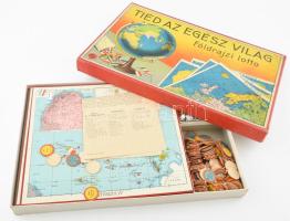 cca 1930 Tiéd az egész világ földrajzi lottó társasjáték, eredeti dobozában kompletten