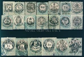 1873 Az okmánybélyeg sor 20db klf értéke berakólapon több mint a fele teljes betűvízjellel