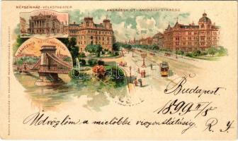 1899 (Vorläufer!) Budapest, Népszínház, Lánchíd, Andrássy út villamossal. Magyar Automatagyár és kölcsönző rt. kiadása Art Nouveau, litho