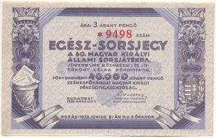 Budapest 1933. "Egész-Sorsjegy a 60. Magyar Királyi Állami Sorsjátékra" 3P értékben T:F kis szakadás