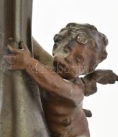 Antik puttó figurával díszített bronz gyertyatartó, kis hiánnyal, kopással, m: 41 cm