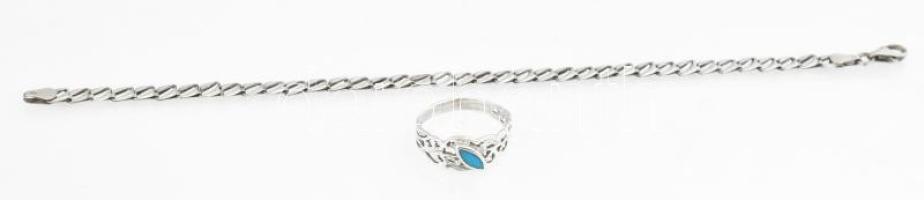 Ezüst(Ag) gyűrű türkizzel és karkötő, jelzett, bruttó: 4,8 g