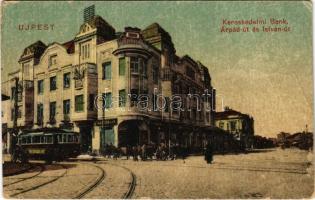 1922 Budapest IV. Újpest, Kereskedelmi Bank, Árpád és István út sarok, villamos, üzletek (fa)