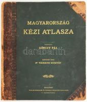 1897 Magyarország kézi atlasza. 75 térkép. Tervezte: Gönczy Pál. Szövegét írta: Dr. Thirring Gusztáv. Bp., [1897], Pallas, 21 p. + 75 t. Kiadói aranyozott félbőr-kötésben, kissé sérült, kopottas borítóval és gerinccel, helyenként kissé foltos lapokkal, ceruzás és tollas bejegyzésekkel.