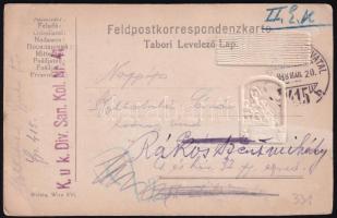 1918 Tábori postai levelezőlap, k.u.k. Div. San. Kol. Nr. 41., stilizált Isonzo-hadsereg jelvény és vitézségi szalag grafikájával díszítve