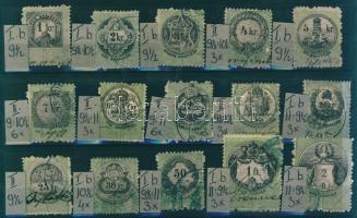 1870 Hártyapapír,aAz okmánybélyeg sor 15db klf értéke típus és fogazat szerint feldolgozva berakólapon