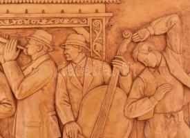 Csorvássy István (1912-1986): Székelyföldi mulatság. Faragott fa falikép. Jelzéssel, kopással, akasz...