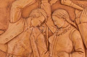 Csorvássy István (1912-1986): Székelyföldi mulatság. Faragott fa falikép. Jelzéssel, kopással, akasz...