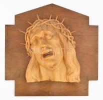 Csorvássy István (1912-1986): Jézus fej. Faragott fa falikép. Jelzéssel, kopással, 42x42 cm