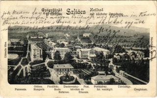 1906 Szliács, Sliac; Pannonia, Otthon, Hungaria, Fürdőház, Buda, Bellevue, Bristol, Újpest, Huszka vendéglő, Amália, Strauss, Dankovsky kávéház és étterem, Pest és Pestszárny szálloda, Izraelita zsidó vendéglő, Üdvözlégy, Üvegház kertész lak/ hotels, Jewish restaurant, greenhouse, café, villa (EK)