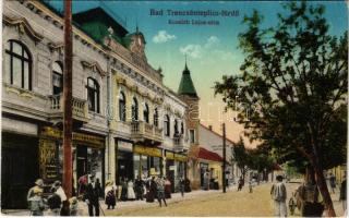 Trencsénteplic, Trencianske Teplice; Kossuth Lajos utca, Rehák Emil Stefánia kávéháza. Vasúti levelezőlapárusítás 15. / street view, café, shops (EK)