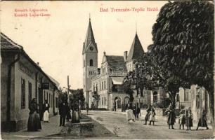 1909 Trencsénteplic, Trencianske Teplice; Kossuth Lajos utca, étterem / street view, restaurant (kopott sarok / worn corner)