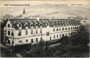 Trencsénteplic, Trencianske Teplice; Garni szálloda, villamos. Wertheim Zsigmond kiadása / hotel, tram