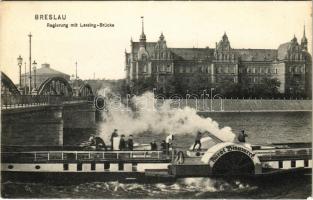 Wroclaw, Breslau; Regierung mit Lessing-Brücke / bridge, "FÜRST BISMARCK" steamship