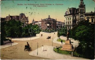 1910 Wroclaw, Breslau; Am Moltkedenkmal, Kaiser Wilhelm- m. Charlotten- und Augustastrasse / monument, street view (r)