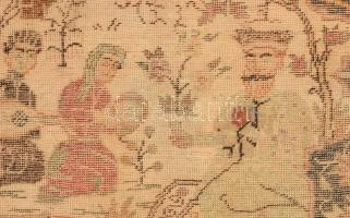 Keleti kézi csomózású szőnyeg / faliszőnyeg, pengetős zenészeket ábrázoló mintával, halványult, cca ...