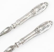 Ezüst (Ag) nyelű hússzervírozó kanál és villa, jelzéssel, h: 28 cm, bruttó: 120 g