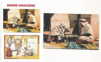 Arabok sakkoznak: eredeti régi képeslap + modern reprint magyar változata / 2 chess postcards: 1 pre...