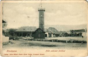 Kovászna, Covasna; Fő tér, Pokolsár fürdő, Bartha üzlete. Julius Müller's Nachf. Alfred Tartler / Baia Balta dracului / spa on the main square, shop (fa)