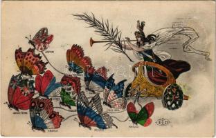 1918 French Triple Entente Powers propaganda art postcard with butterflies (EK)