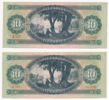 1969. 10Ft (2x) közeli sorszámok "A 767 022528, A 767 022535" nyomdai papírráncokkal T:AU ...