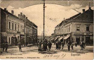 1902 Kaposvár, Korona utca, Geiszler Nep., Práger Lipót, Pollák József, Steinitz üzlete. Gerő Zsigmond kiadása + &quot;BÁTASZÉK-ZÁKÁNY&quot; vasúti mozgóposta (szakadás / tear)