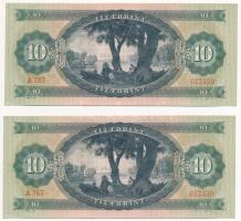 1969. 10Ft (2x) sorszámkövetők "A 767 022529 - A 767 022530" nyomdai papírránccal T:AU Ada...