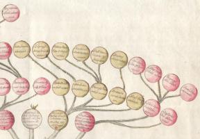 XVIII sz. vége - XIX. sz. eleje: Jakobinus-fa a Martinovics-mozgalom elítéltjeiről. Akvarell-tus, je...