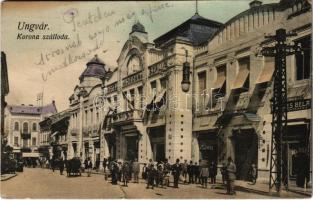 1915 Ungvár, Uzshorod, Uzhorod; Korona szálló, Berkes Béla és Horvát Mór üzlete. Steinfeld Dezső kiadása / hotel, shops (szakadás / tear)