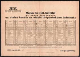1944 Budapesti Székesfővárosi Közlekedési Részvénytársaság utolsó járatokat feltüntető táblázata