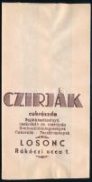 Losonc, Czirják cukrászda reklámos csomagoló tasakja, 16x8 cm