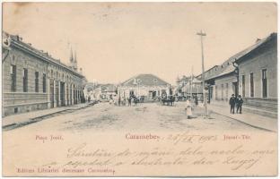 1903 Karánsebes, Caransebes; József tér, Magyar királyi Dohány Nagy tőzsde, Özv. Halle Mórné üzlet / Piata Josif / square, shops (fl)