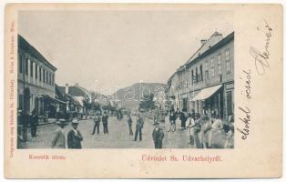 1900 Székelyudvarhely, Odorheiu Secuiesc; Kossuth utca, Drágomán üzlete és saját kiadása / street, shops (Rb)