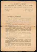 1937 Hargitaváralja Jelképes Székely Község körlevele, Bp., Máté-ny., szakadozott, hajtott, 2 sztl. lev.