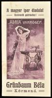 1906 Grünbaum Béla "Adria" varrógép számolócédula, Körmendről. Hátoldalán jegyzékkel.