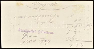 1906 Grünbaum Béla "Adria" varrógép számolócédula, Körmendről. Hátoldalán jegyzékkel