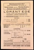 Lóránt Ede Likőr- Rum- és Konyakgyárának különféle termékeinek árjegyzéke, hátoldalán üzenettel.