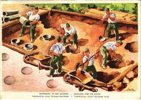 Irgendwo in der Schweiz. Konstruktion einer Strassen-Barrikade / WWII Swiss military art postcard, construction of street barricades s: Coulon (EK)