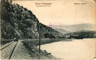 Vöröstoronyi-szoros, Roter Turmpass, Roter-Turm-Pass, Pasul Turnu Rosu; Rumänischer Teil, Kloster Cornet / Román oldal, vasútvonal, hajtány, kolostor / Romanian side with railway line, handcar, monastery (EB)